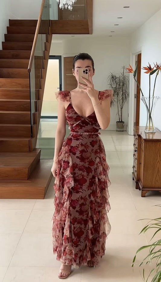 Elegant Burgundy Floral Print V-Neck Spaghetti Strap Tiered Ruffle Tulle Evening Gown DP8585