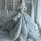 Elegant Luxury Ice Blue Wedding Dress Sweetheart Puff Sleeve Beaded Lace Tiered Tulle Quinceanera Ball Gown DP8133