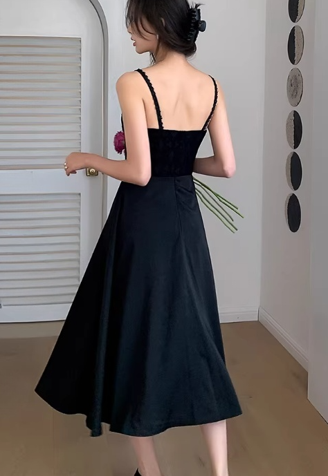 Vintage Black A-Line Midi Evening Gown Spaghetti Strap Prom Dress Prom Dress DP7817