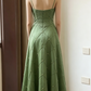 Retro Green Spaghetti Strap Embroidered A-Line Evening Dress DP8381