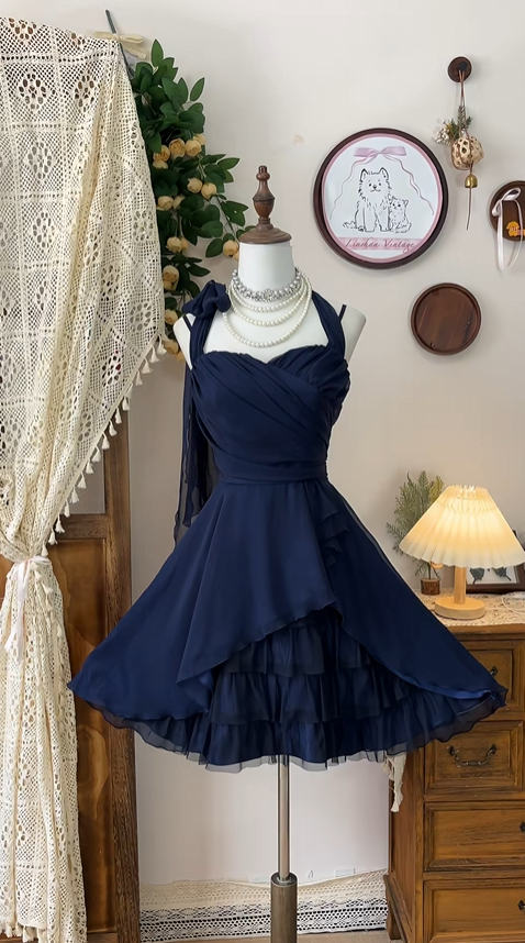Vintage Navy Blue Sweetheart Ruffle Design A-line Elegant Homecoming Dress Birthday Dress Party Dress DP6185
