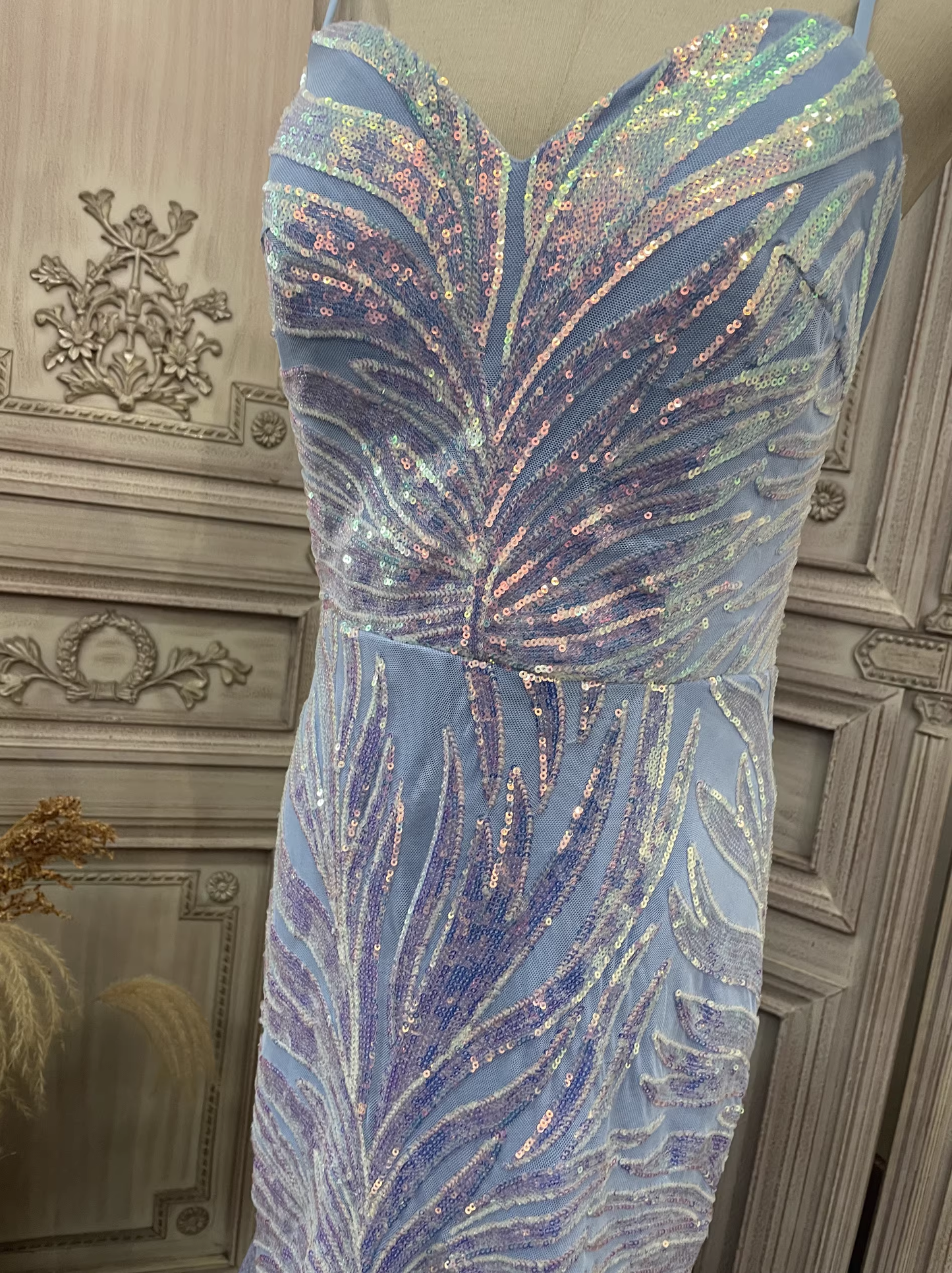 Elegant Sky Blue Iridescent Sequin Mermaid Prom Dress DP7968