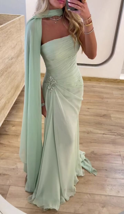 Elegant Sage Green Chiffon Mermaid Strapless Draped Cape Beaded Wedding Guest Bridesmaid Prom Dress DP8651