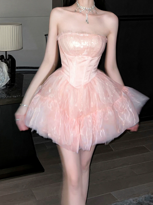 Elegant Pink Strapless Tulle Ruffle A-Line Homecoming Dress DP8818