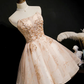 Vintage Champagne Applique Beaded Strapless Design A-line Tulle Party Dress Homecoming Dress DP6063