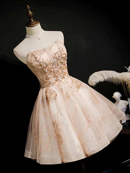 Vintage Champagne Applique Beaded Strapless Design A-line Tulle Party Dress Homecoming Dress DP6063