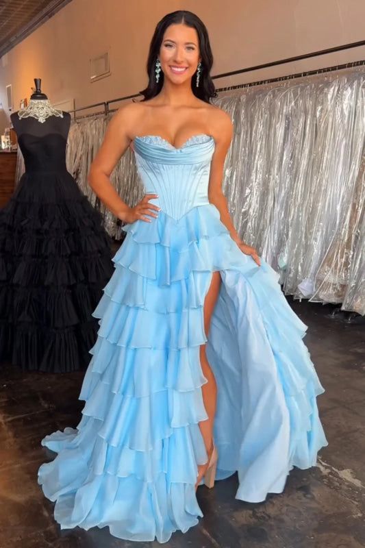 Elegant Strapless Sweetheart Tiered Evening Gown with High Slit DP7929