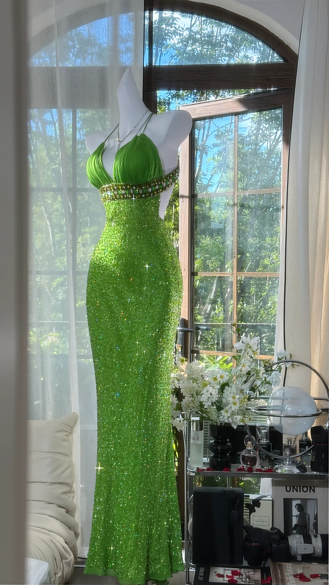 Shiny Green Sequined V-neck Spaghetti Strap Design Chiffon Prom Dress Evening Dress DP6241