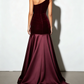 Elegant Burgundy One-Shoulder Velvet & Satin Mermaid Ruched Evening Gown DP8632