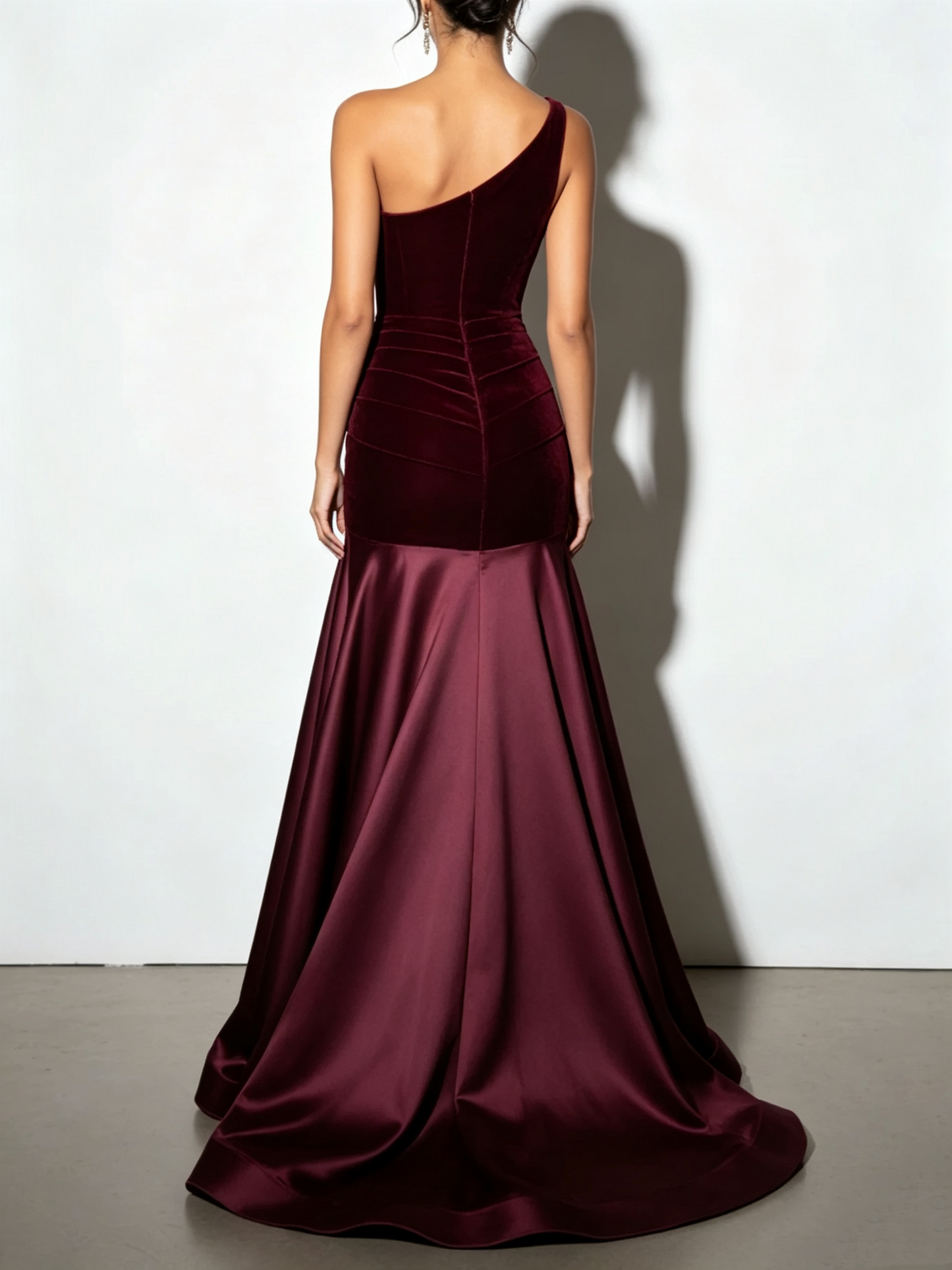 Elegant Burgundy One-Shoulder Velvet & Satin Mermaid Ruched Evening Gown DP8632
