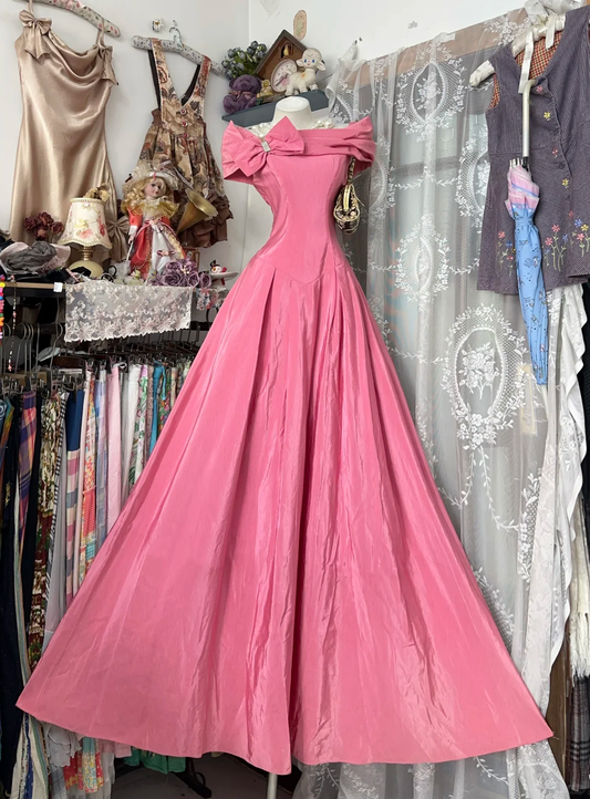 Vintage Pink Off-the-Shoulder Prom Gown Bow A-Line Formal Evening Dress DP8327