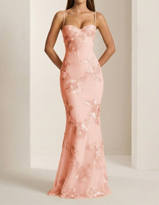 Elegant Spaghetti Strap Mermaid Floral Appliqué Prom Gown DP8178
