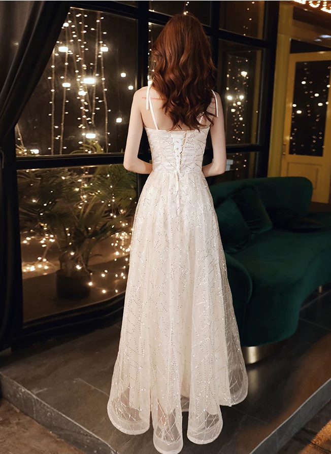 Elegant Champagne Spaghetti Straps Sequin Tulle A‑Line Evening Gown DP8824