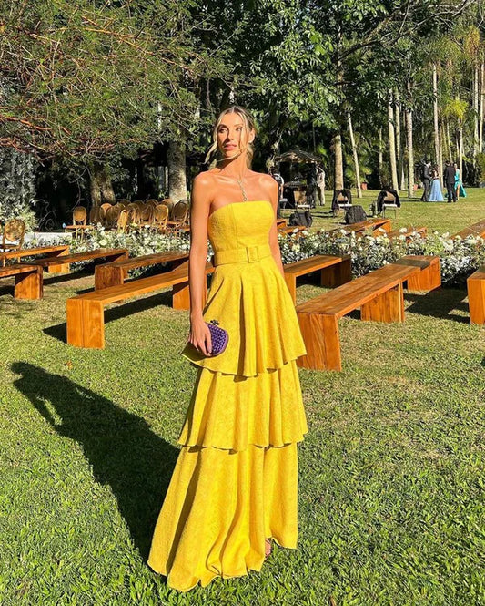 Robe de bal bustier jaune vintage, longue robe de soirée à volants, coupe trapèze, DP6568