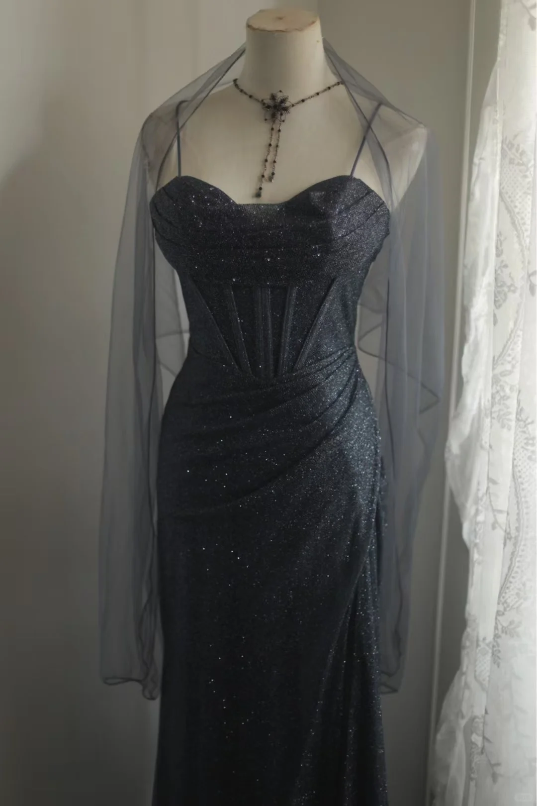 Glamorous Black Sequin Spaghetti Strap Bodice High Slit Prom Dress DP7645