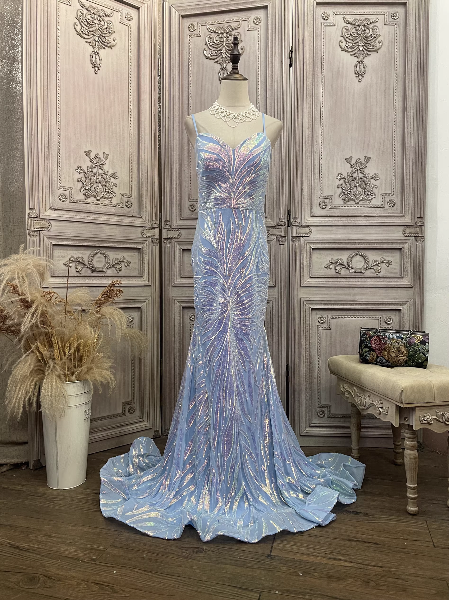 Elegant Sky Blue Iridescent Sequin Mermaid Prom Dress DP7968