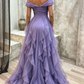 Elegant Lavender Off-the-Shoulder Ruffled Tulle A-Line Prom Dress DP8458