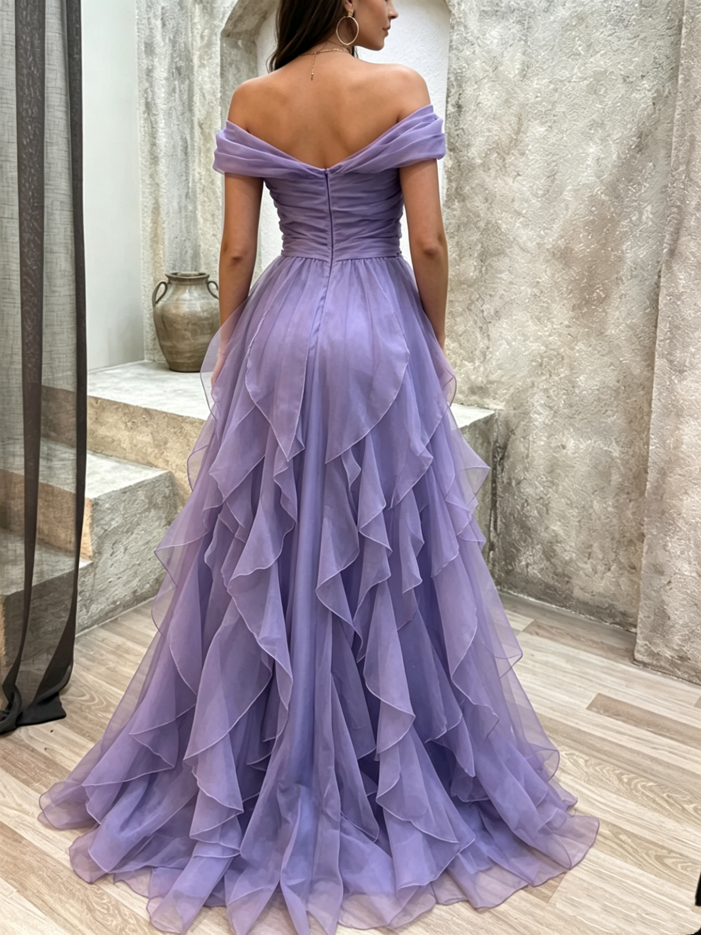 Elegant Lavender Off-the-Shoulder Ruffled Tulle A-Line Prom Dress DP8458