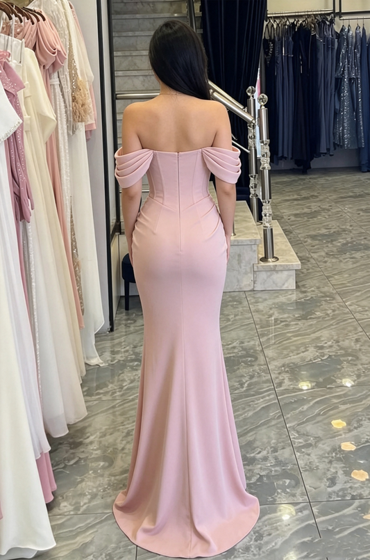 Elegant Pink Off-the-Shoulder Mermaid Ruched Evening Gown DP8712