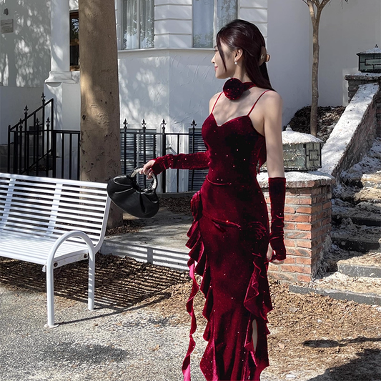 Vintage Glitzernde Pailletten Liebsten Spaghetti Strap Rüschen High Slit Ballkleid Abendkleid DP6407
