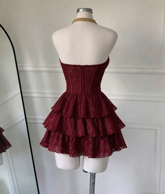 Vintage Burgundy Strapless Sweetheart Lace Corset Tiered Ruffle Cocktail Party Gown Homecoming Dress DP8675