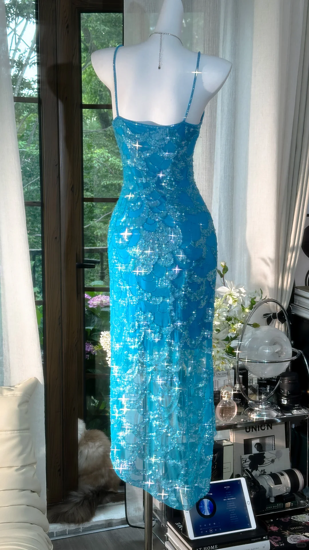 Vintage Blue Mermaid Sparkling Long Chiffon Spaghetti Strap Romantic Ball Gown Evening Dress Prom Dresses DP6006