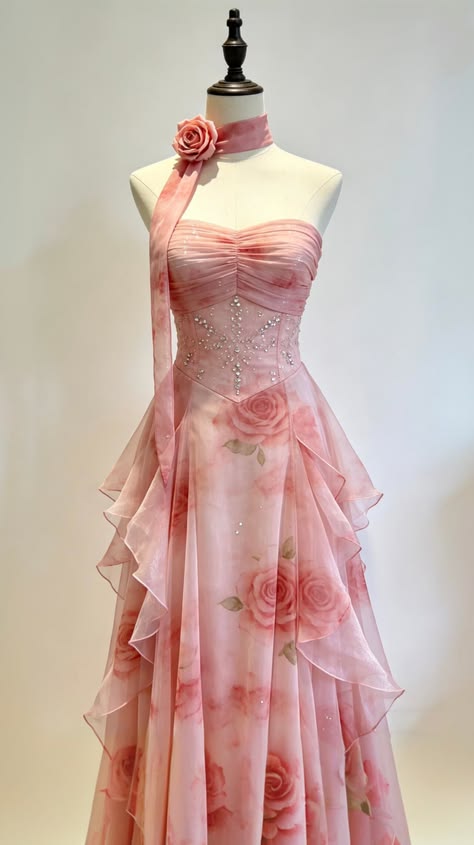 Glamorous A-Line Pink Chiffon Formal Dress Floral Beaded Prom Dress DP8256