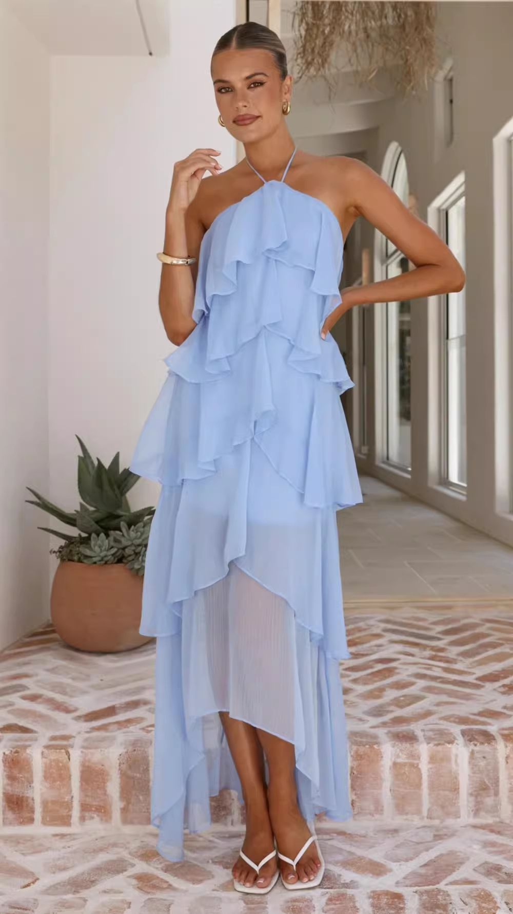 Vintage Halter-Neck Ruffle Tiered Chiffon High Low Maxi Formal Evening Dress DP8234