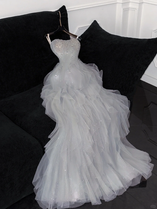 Fashion Sparkling White Beaded Sequin Mermaid Elegant Tulle Evening Dress Prom Dresses DP6164