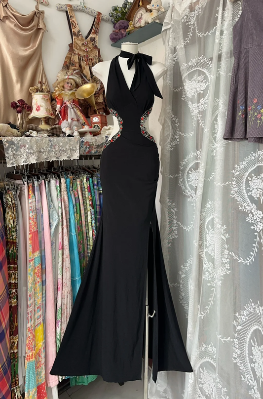 Vintage Schwarze Stickerei Neckholder Meerjungfrau Langes Ballkleid Abendkleid DP6386