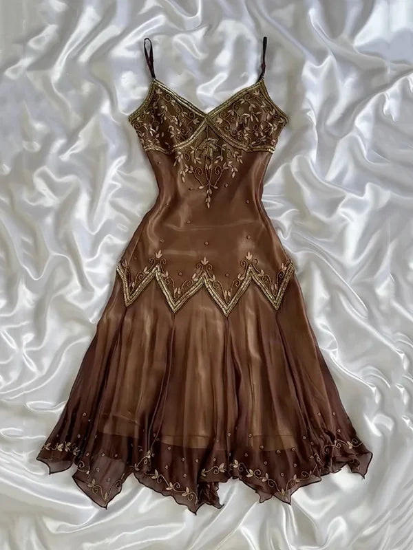 Vintage Embroidery Chiffon Spaghetti Strap Homecoming Dress Party Dress Cocktail Dress DP6676