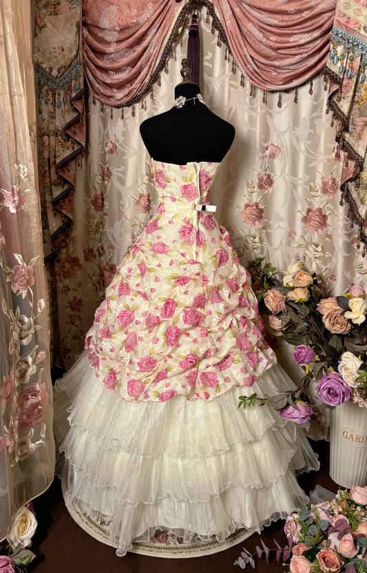 Strapless A-Line Floral Tiered Vintage Long Prom Dress Evening Gown, DP4517