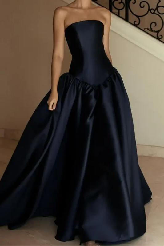 Navy Blue Strapless A-Line Satin Long Formal Party Dress, DP3653