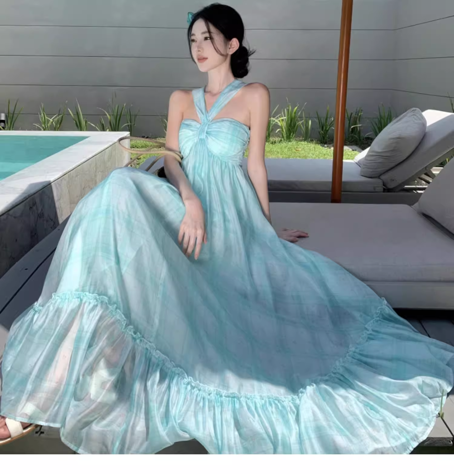 Simple Fashion Mint Green Ruffled Hem Design A-line Beach Holiday Halter Dress, DP5930