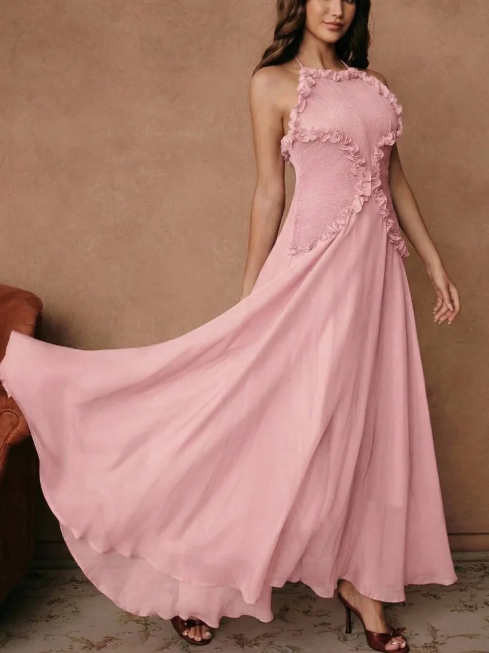 Elegant Pink Halter Ruffled Trim Ruched Chiffon A-Line Prom Dress DP8456