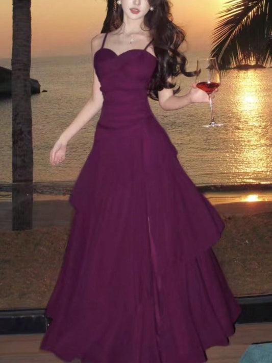 Elegant Purple Spaghetti Strap Evening Gown Sweetheart Tiered Prom Dress Wedding Guest Dress DP8187