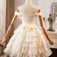 Cute Cream White Off-the-Shoulder Tiered Lace A-Line Homecoming Dress DP8509