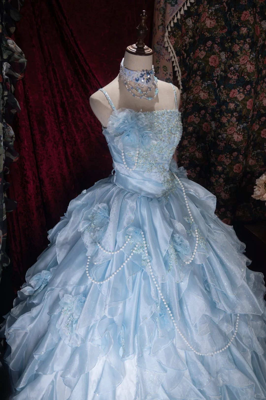 Glamorous Light Blue Spaghetti Strap Tiered Ruffles Ball Gown DP8344