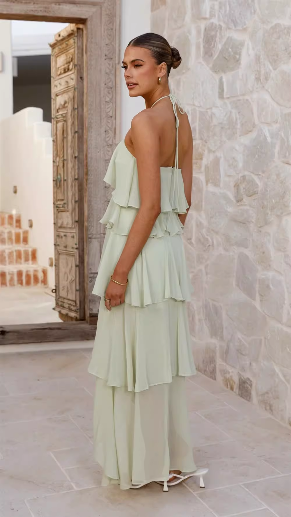 Vintage Halter-Neck Ruffle Tiered Chiffon High Low Maxi Formal Evening Dress DP8234