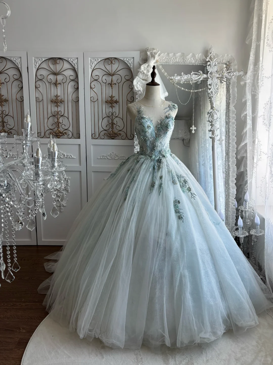 Elegant Light Blue Beaded Lace Sheer Neck Ball Gown DP8294