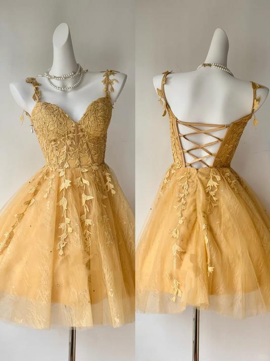 Cute Honey Yellow Lace-Up Back Tulle Homecoming Dress DP7959