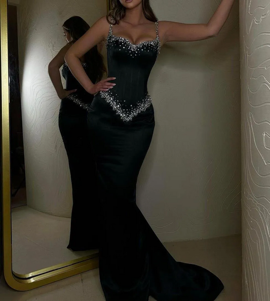 Gorgeous Black Straps Mermaid Beading Long Prom Dress, DP2099