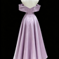 Elegant Lilac Off-the-Shoulder A-Line Midi Satin Evening Gown DP8774
