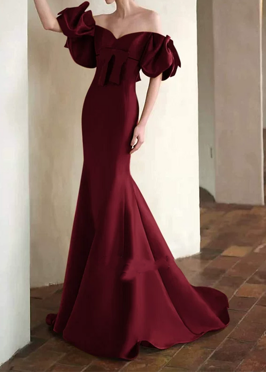 Elegant Burgundy Satin Off-the-Shoulder Sweetheart Mermaid Ruffle Sleeves Evening Gown DP8575