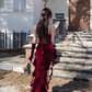 Vintage Glitzernde Pailletten Liebsten Spaghetti Strap Rüschen High Slit Ballkleid Abendkleid DP6407