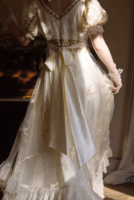 Elegant Cream Lace & Sequin Puffy Sleeves Evening Dress Prom Dress DP8117