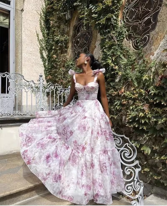Glamorous Rose Print Bow Shoulder Corset A-Line Evening Dress DP8103