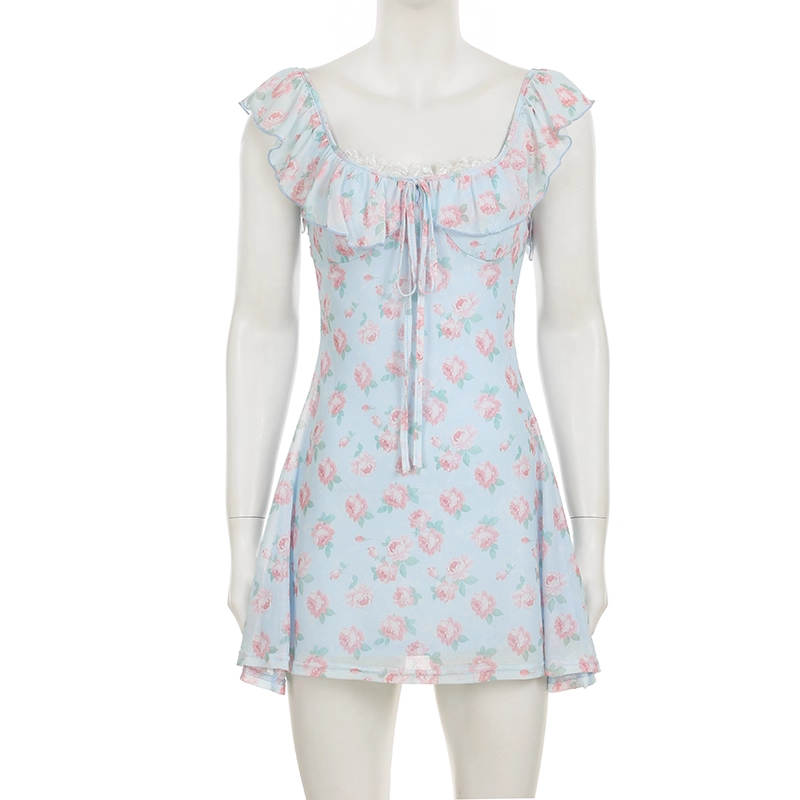 Cute Light Blue Floral Square-neck A-Line Short Summer Dresses Party Dress Homecoming Dress DP6343
