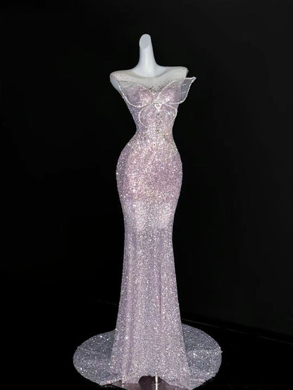 Vintage Pink Glittering Sequin Prom Dress Mermaid Evening Gown Butterfly Party Dress Long Formal Dress DP6892