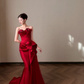 Vintage Red Satin Strapless Mermaid Evening Dress 3D Floral Appliques & Ruffled Prom Dress DP8309